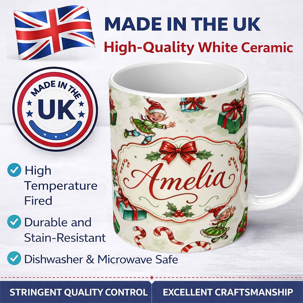 Personalized Custom Name Cute Christmas Elf Gift Candy Cane Festive Seamless Pattern Lovely 11oz Ceramic Coffee Tea Mug White Large Handle