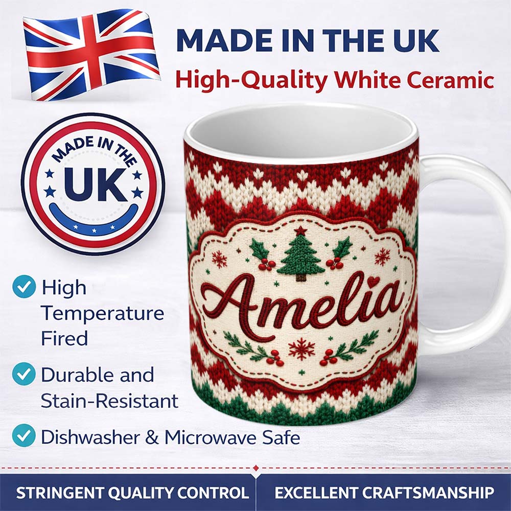 Personalized Custom Name Cute Handmade Wool Knit Red Green White Cozy Seamless Pattern Lovely 11oz Ceramic Coffee Tea Mug White Large Handle