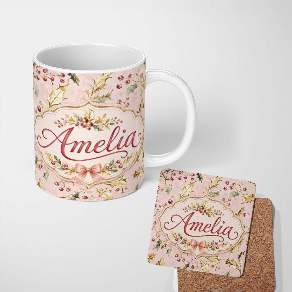 Personalized Custom Name Elegant Gold Holly Berry Soft Pink Festive Seamless Pattern Lovely 11oz Ceramic Coffee Tea Mug White Large Handle