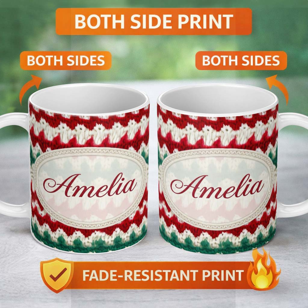 Personalized Custom Name Rustic Red Green Watercolor Knit Texture Seamless Pattern Lovely 11oz Ceramic Coffee Tea Mug White Large Handle