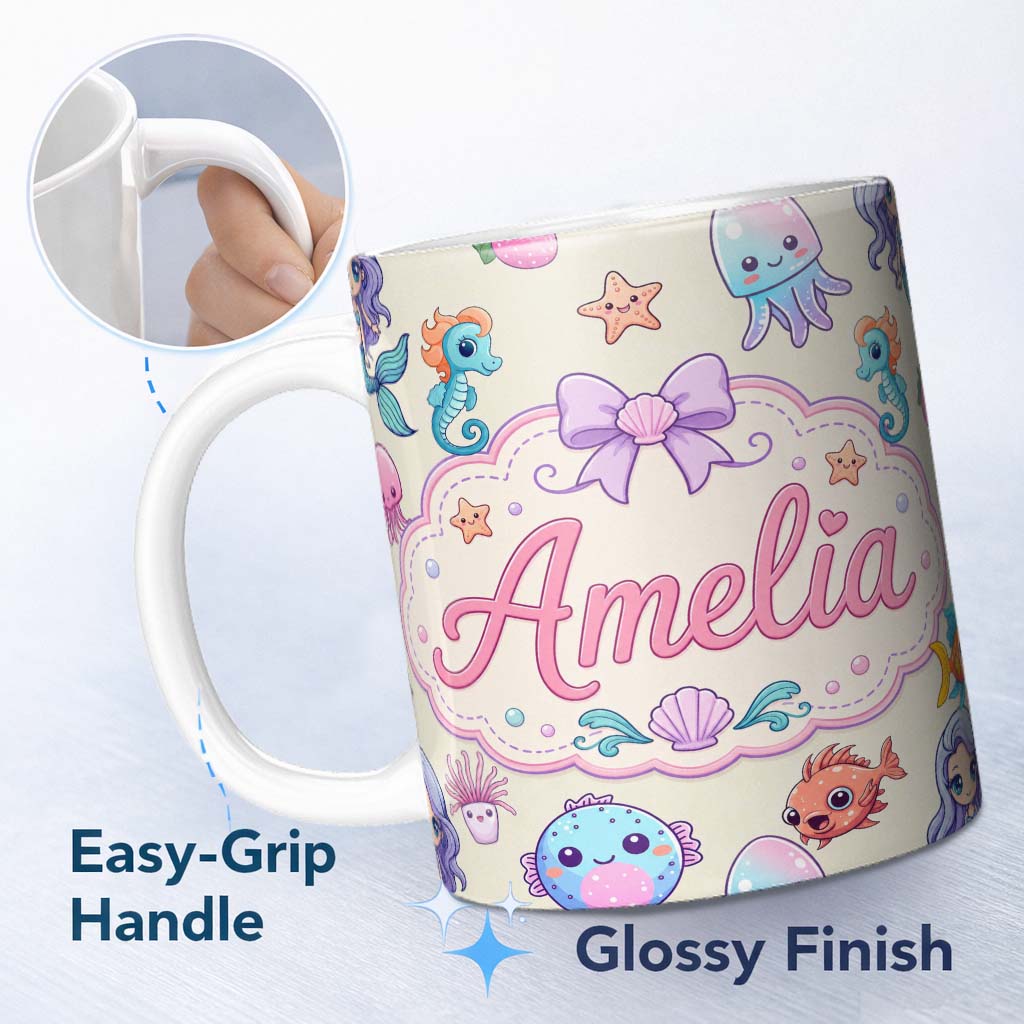 Personalized Custom Name Cute Kawaii Mermaid Seahorse Jellyfish and Starfish Ocean Seamless 11oz Ceramic Coffee Tea Mug White Large Handle