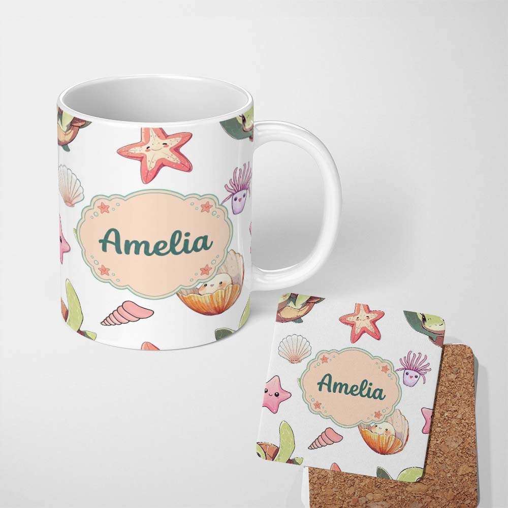Personalized Custom Name Cute Kawaii Sea Turtle Starfish Shells Ocean Friends Light Grey 11oz Ceramic Coffee Tea Mug White Large Handle