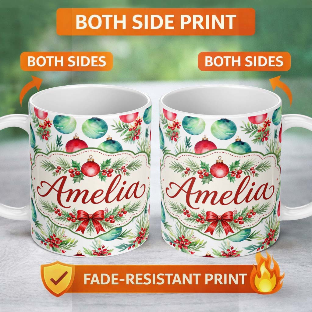 Personalized Custom Name Watercolor Christmas Baubles Holly Leaves Festive Seamless Pattern 11oz Ceramic Coffee Tea Mug White Large Handle