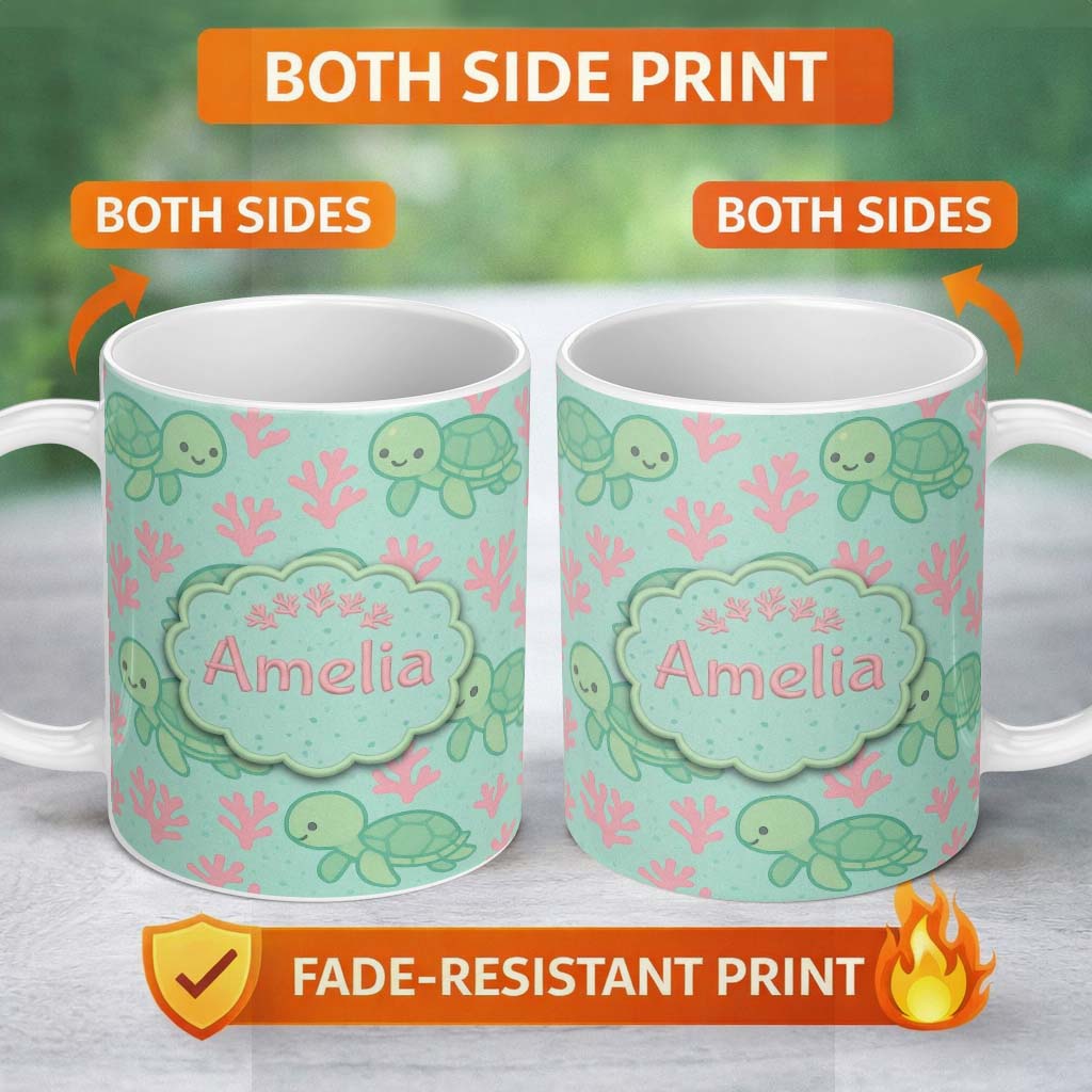 Personalized Custom Name Cute Sea Turtle Coral Cartoon Animal Pattern Charming Kitchen Decor 11oz Ceramic Coffee Tea Mug White Large Handle