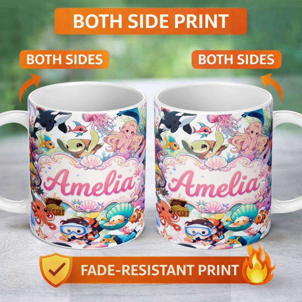 Personalized Custom Name Cute Underwater Ocean Animals Mermaid Dolphin Turtle Seamless Lovely 11oz Ceramic Coffee Tea Mug White Large Handle