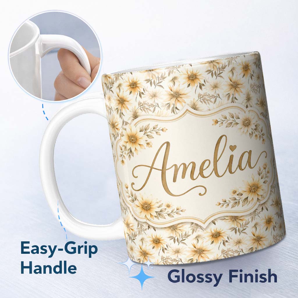 Personalized Custom Name Neutral Beige Floral Botanical Elegant Seamless Pattern Lovely 11oz Ceramic Coffee Tea Mug White Large Handle