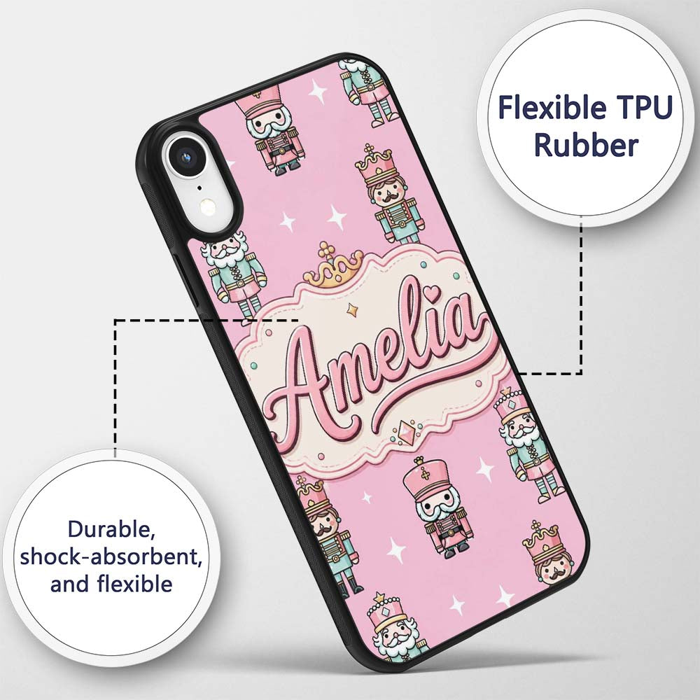 Cute Nutcracker Soldiers Pink Background Festive Custom Name Protective Phone Case Mobile Cover Durable Everyday Smartphone Shock Resistant