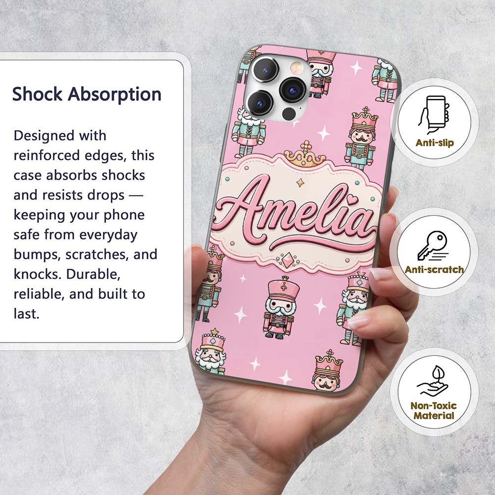 Cute Nutcracker Soldiers Pink Background Festive Custom Name Protective Phone Case Mobile Cover Durable Everyday Smartphone Shock Resistant
