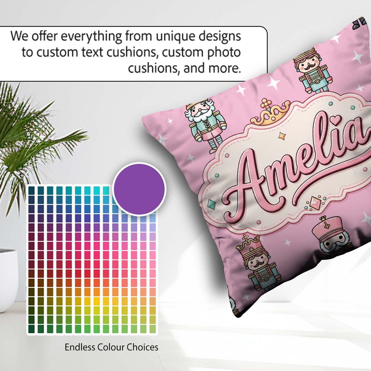 Custom Name Nutcracker Soldiers Pink Background Festive Seamless Square Filled Cushion Throw Pillow Sofa Bed Home Decor Zip Washable UK Made
