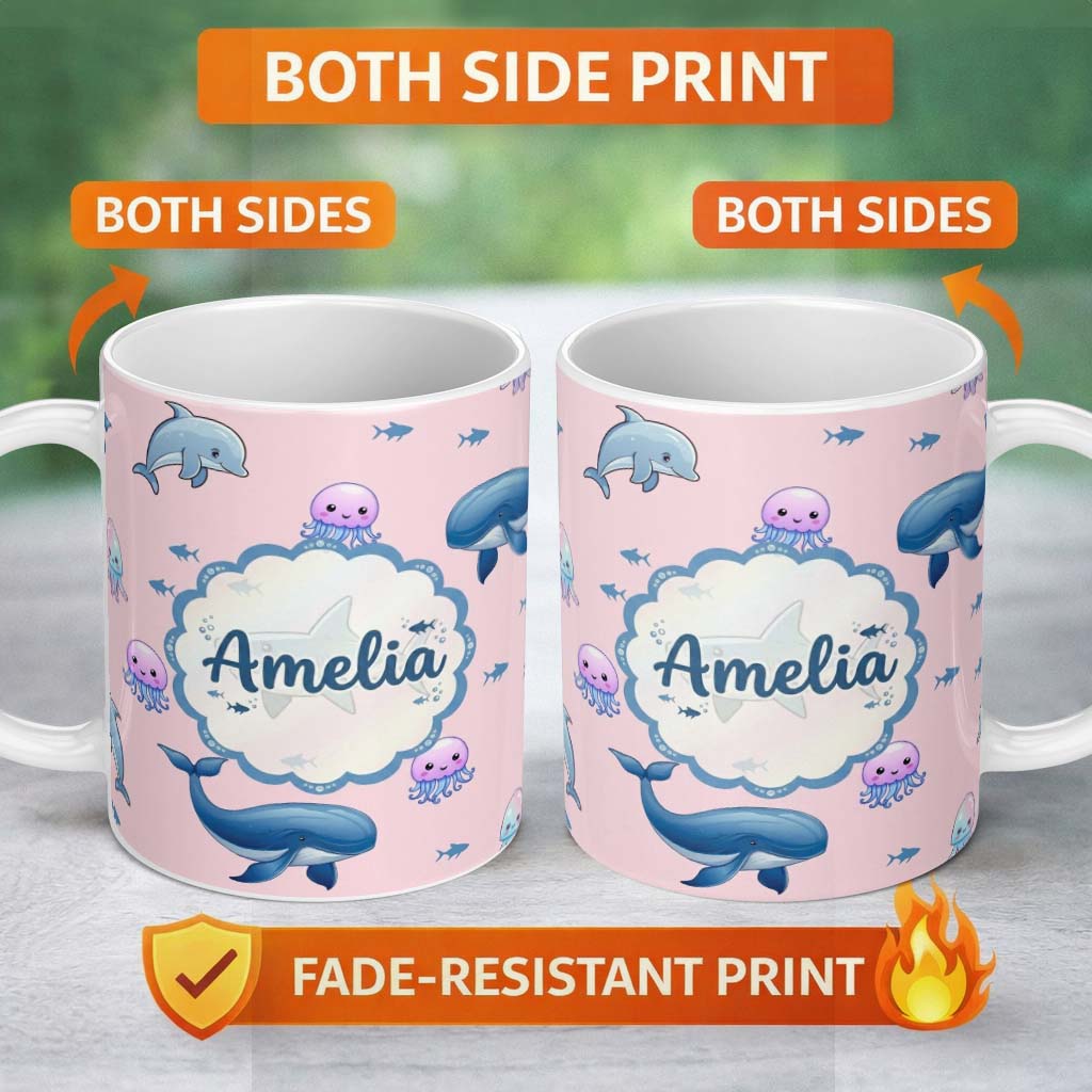 Personalized Custom Name Cute Dolphin Shark and Jellyfish Ocean Animals Soft Pink Background 11oz Ceramic Coffee Tea Mug White Large Handle