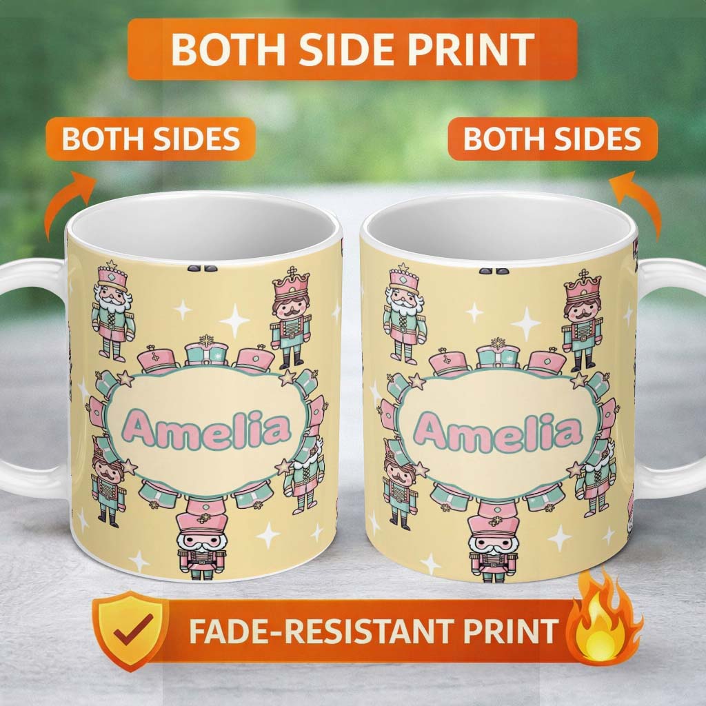 Personalized Custom Name Cute Nutcracker Soldiers Soft Beige Background Seamless Pattern Name 11oz Ceramic Coffee Tea Mug White Large Handle