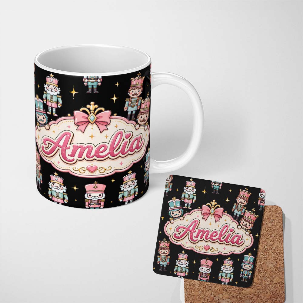 Personalized Custom Name Cute Nutcracker Soldiers Dark Night Background Seamless Pattern Name 11oz Ceramic Coffee Tea Mug White Large Handle