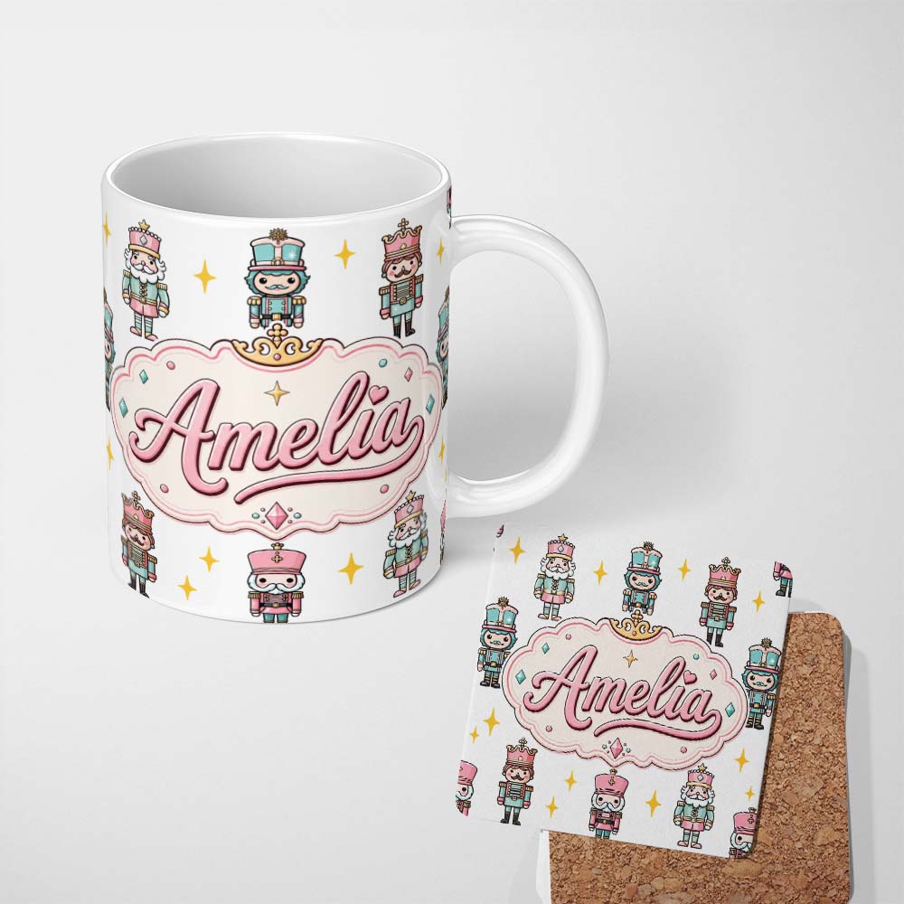 Personalized Custom Name Cute Nutcracker Soldiers Light Grey Background Seamless Pattern Name 11oz Ceramic Coffee Tea Mug White Large Handle