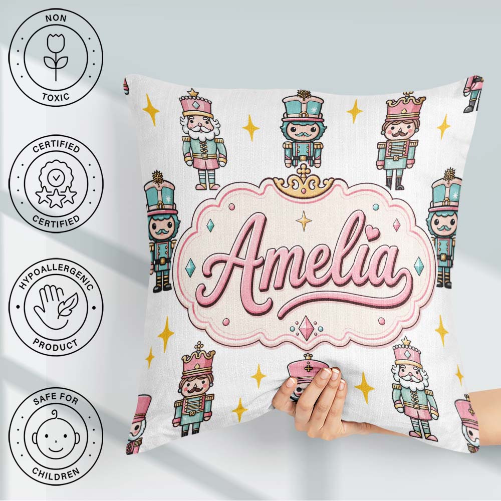 Custom Name Nutcracker Soldiers Light Grey Seamless Pattern Name Square Filled Cushion Throw Pillow Sofa Bed Home Decor Zip Washable UK Made