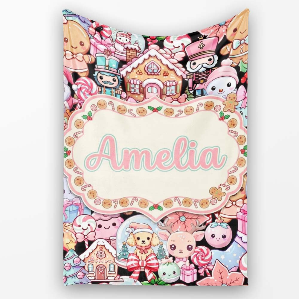 Cute Christmas Gingerbread Candy House Seamless Pattern Name Unique Personalised Custom Name Super Soft Fleece Blanket Bed Sofa Throw