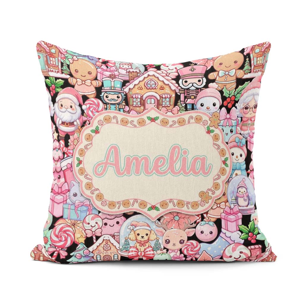 Custom Name Cute Christmas Gingerbread Candy House Seamless Name Square Filled Cushion Throw Pillow Sofa Bed Home Decor Zip Washable UK Made
