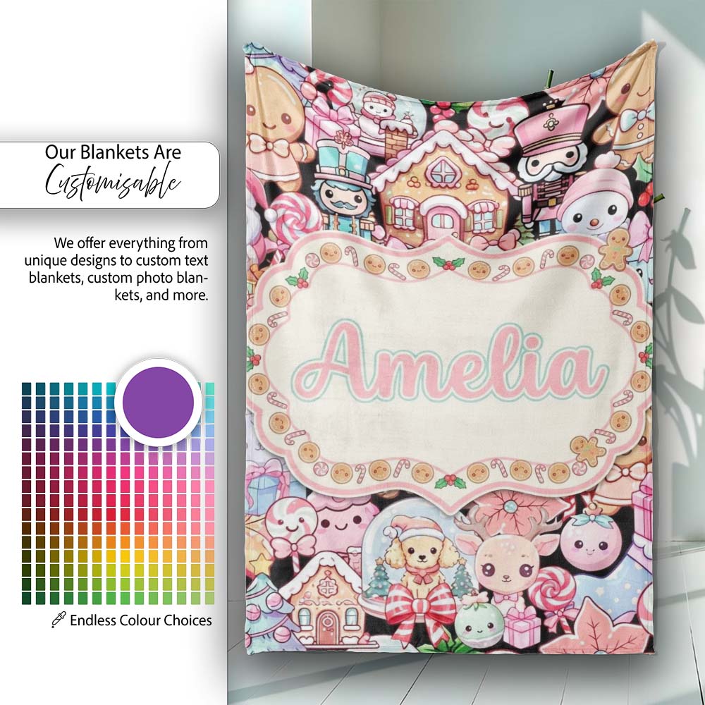Cute Christmas Gingerbread Candy House Seamless Pattern Name Unique Personalised Custom Name Super Soft Fleece Blanket Bed Sofa Throw