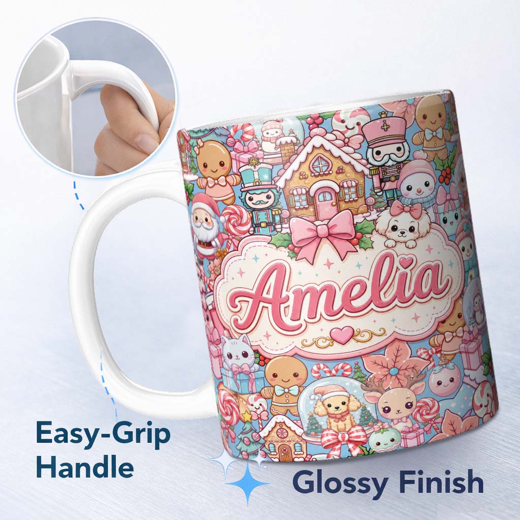 Personalized Custom Name Cute Christmas Gingerbread Candy Blue Background Seamless Pattern 11oz Ceramic Coffee Tea Mug White Large Handle
