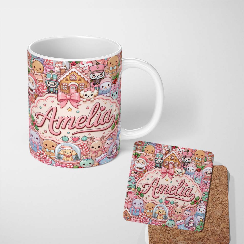 Personalized Custom Name Cute Christmas Gingerbread Candy Warm Beige Seamless Pattern Name 11oz Ceramic Coffee Tea Mug White Large Handle