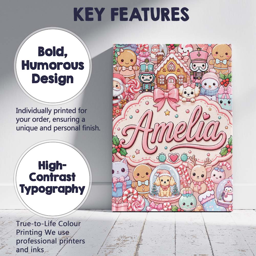 Personalised Name Cute Christmas Gingerbread Custom Bespoke Contemporary Display Canvas Wall Art Print Decor Picture Ready to Hang