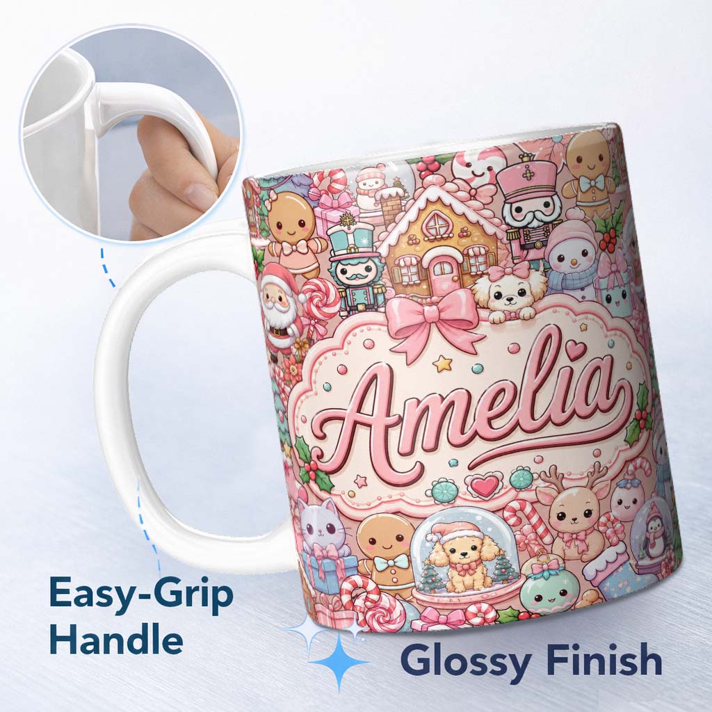 Personalized Custom Name Cute Christmas Gingerbread Candy Warm Beige Seamless Pattern Name 11oz Ceramic Coffee Tea Mug White Large Handle