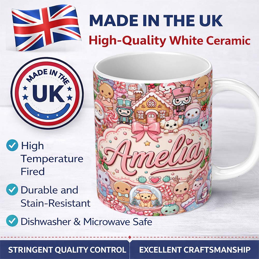 Personalized Custom Name Cute Christmas Gingerbread Candy Warm Beige Seamless Pattern Name 11oz Ceramic Coffee Tea Mug White Large Handle