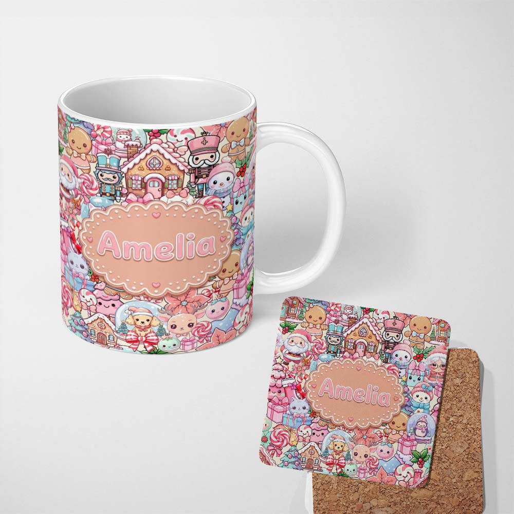 Personalized Custom Name Cute Christmas Gingerbread Candy Soft Cream Seamless Pattern Name 11oz Ceramic Coffee Tea Mug White Large Handle