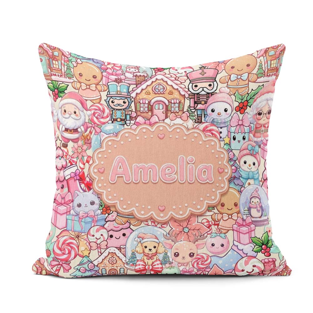 Custom Name Christmas Gingerbread Candy Soft Cream Seamless Name Square Filled Cushion Throw Pillow Sofa Bed Home Decor Zip Washable UK Made