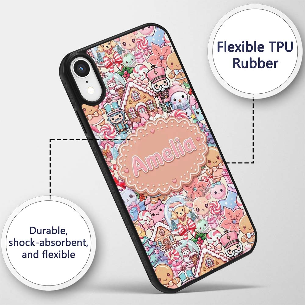 Cute Christmas Gingerbread Candy Printed Design Custom Name Protective Phone Case Mobile Cover Durable Everyday Smartphone Shock Resistant