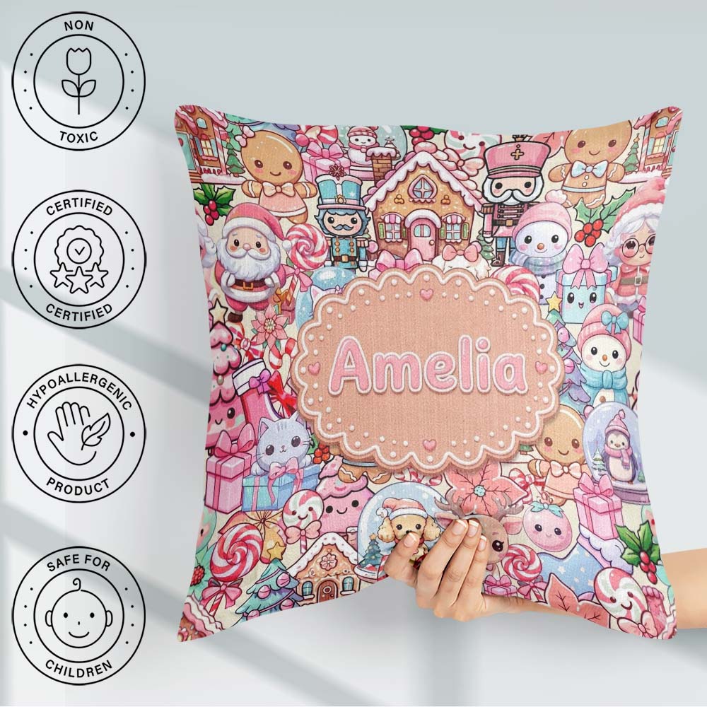 Custom Name Christmas Gingerbread Candy Soft Cream Seamless Name Square Filled Cushion Throw Pillow Sofa Bed Home Decor Zip Washable UK Made