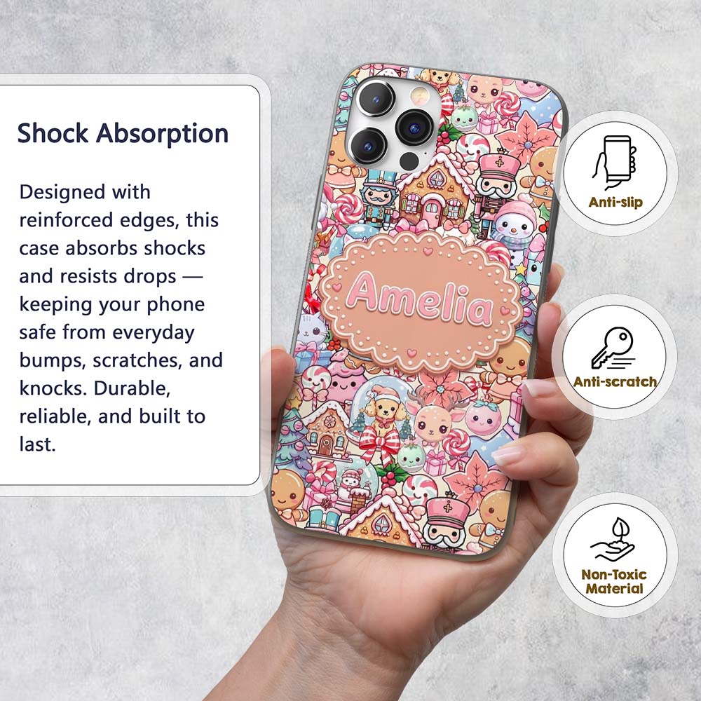 Cute Christmas Gingerbread Candy Printed Design Custom Name Protective Phone Case Mobile Cover Durable Everyday Smartphone Shock Resistant