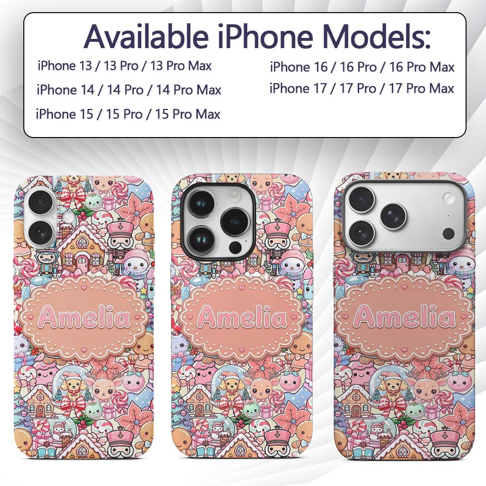 Cute Christmas Gingerbread Candy Printed Design Custom Name Protective Phone Case Mobile Cover Durable Everyday Smartphone Shock Resistant