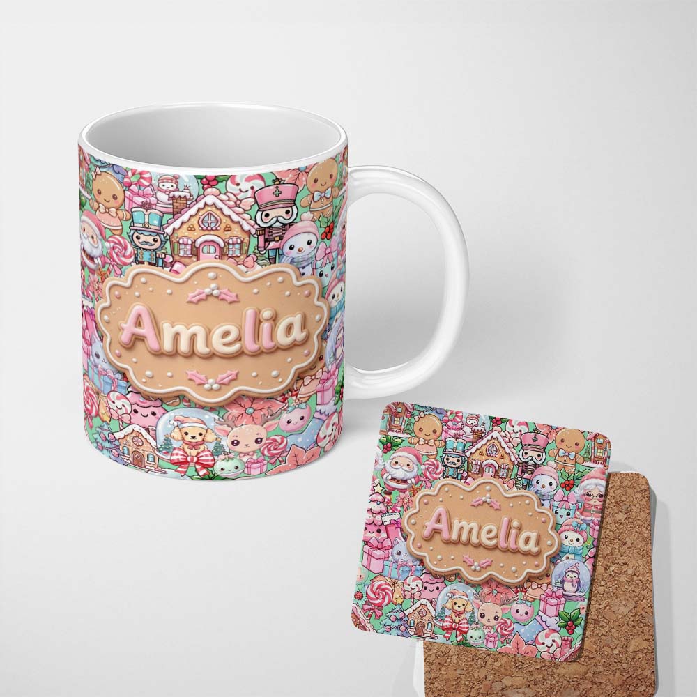 Personalized Custom Name Cute Christmas Gingerbread Candy Festive Green Background Seamless 11oz Ceramic Coffee Tea Mug White Large Handle