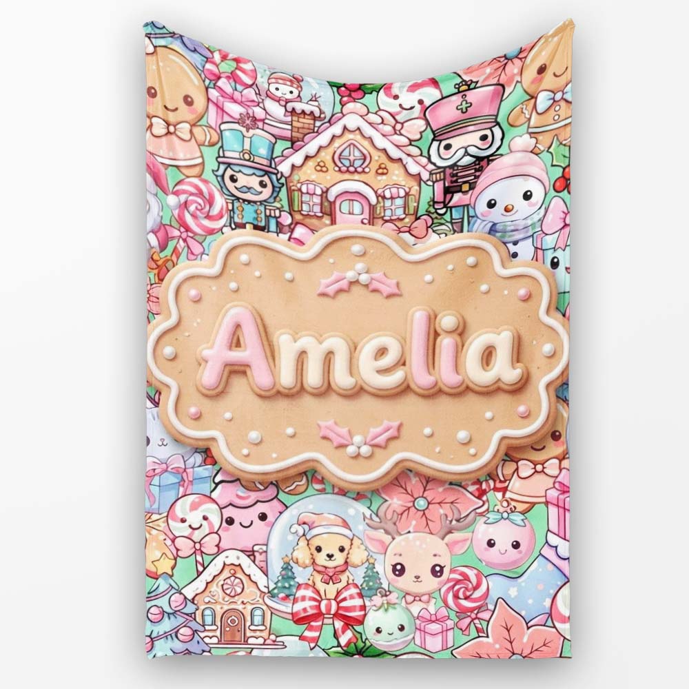 Cute Christmas Gingerbread Candy Festive Green Background Seamless Personalised Custom Name Super Soft Fleece Blanket Bed Sofa Throw