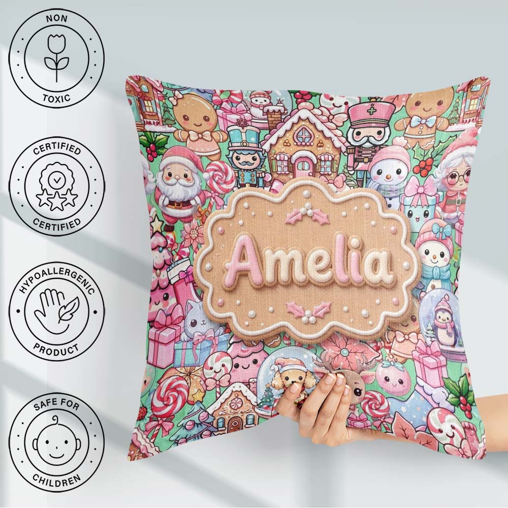 Custom Name Christmas Gingerbread Candy Festive Green Background Square Filled Cushion Throw Pillow Sofa Bed Home Decor Zip Washable UK Made