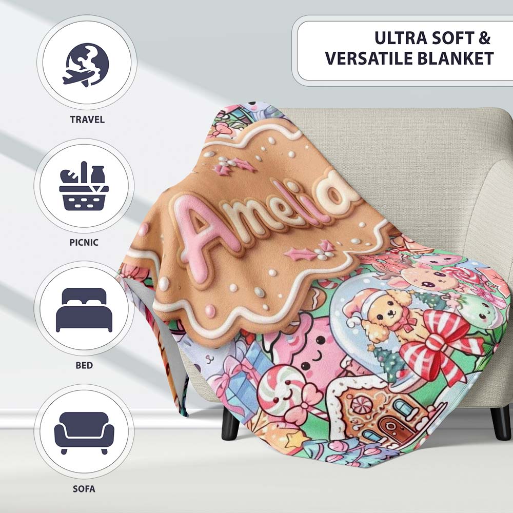 Cute Christmas Gingerbread Candy Festive Green Background Seamless Personalised Custom Name Super Soft Fleece Blanket Bed Sofa Throw