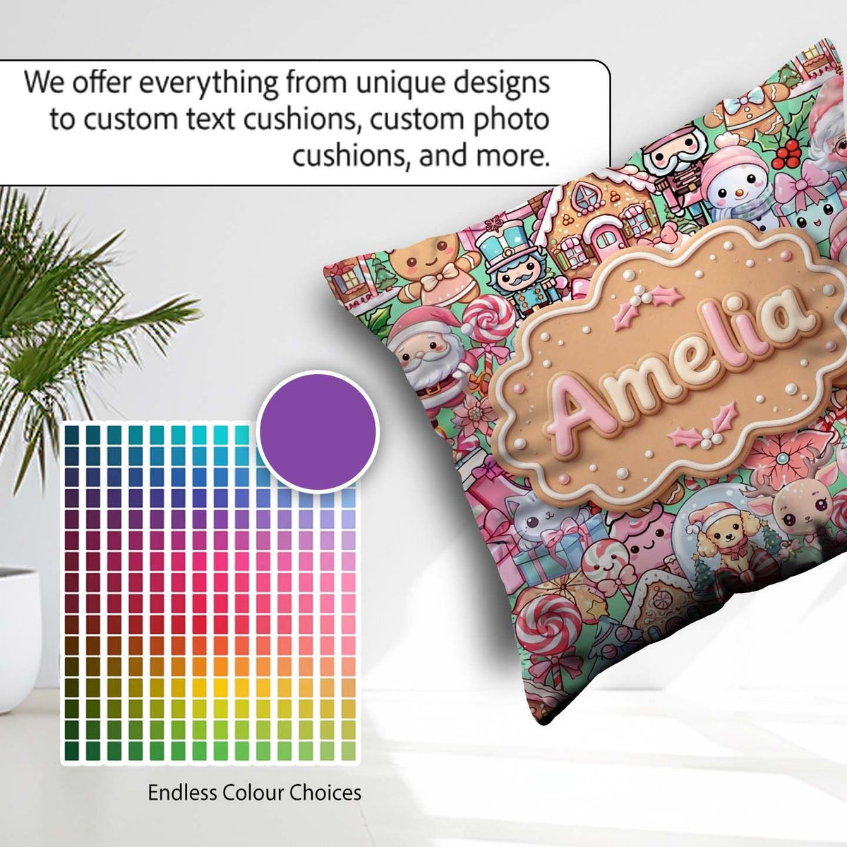 Custom Name Christmas Gingerbread Candy Festive Green Background Square Filled Cushion Throw Pillow Sofa Bed Home Decor Zip Washable UK Made