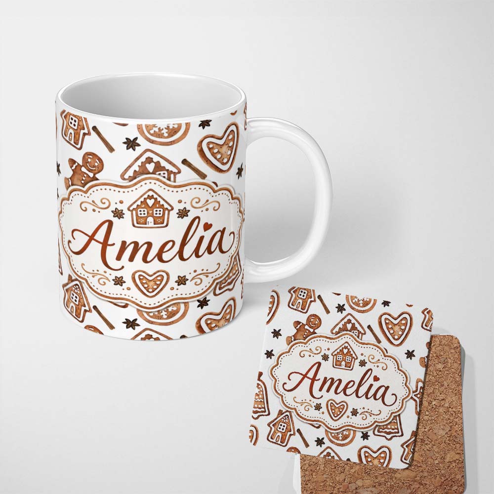 Personalized Custom Name Watercolor Gingerbread Cookies Star Anise Festive Seamless Pattern 11oz Ceramic Coffee Tea Mug White Large Handle