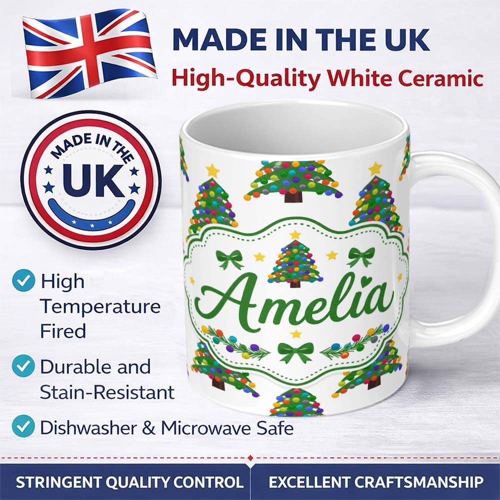 Personalized Custom Name Colorful Christmas Tree with Bright Baubles and Star Top Seamless 11oz Ceramic Coffee Tea Mug White Large Handle