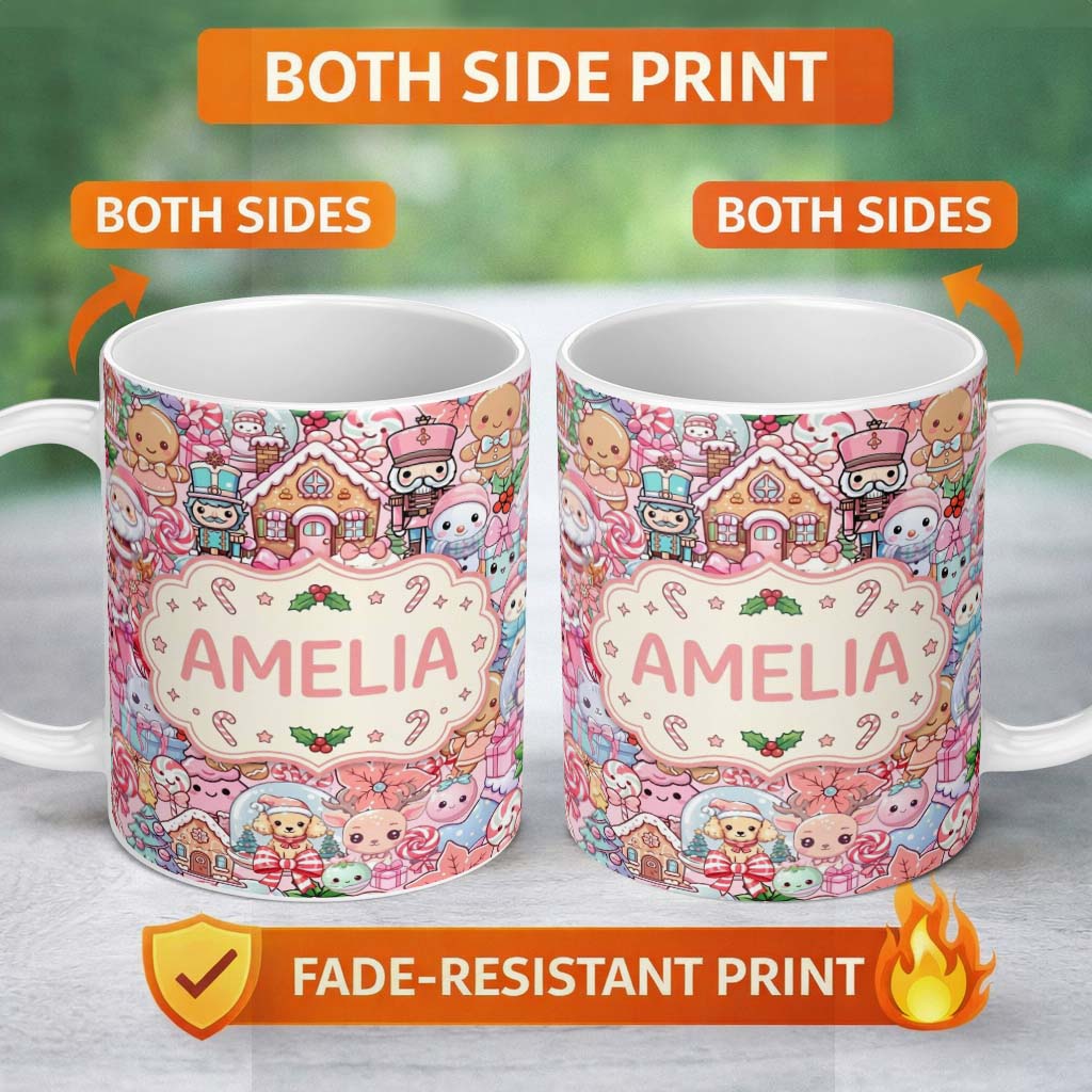 Personalized Custom Name Cute Christmas Gingerbread Candy Soft Pink Background Seamless 11oz Ceramic Coffee Tea Mug White Large Handle
