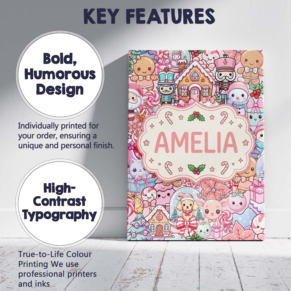 Personalised Name Cute Christmas Gingerbread Custom Bespoke Contemporary Display Canvas Wall Art Print Decor Picture Ready to Hang