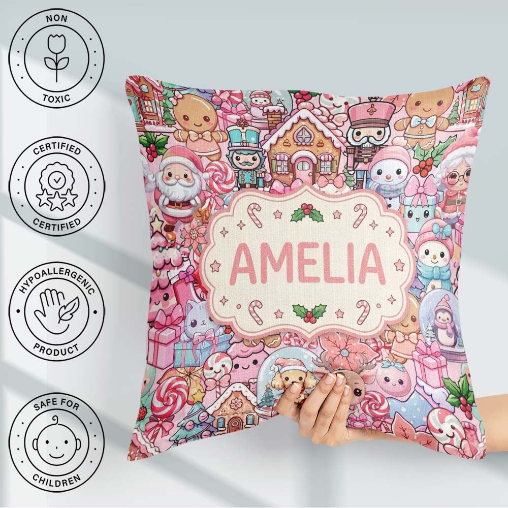 Custom Name Cute Gingerbread Candy Soft Pink Background Seamless Square Filled Cushion Throw Pillow Sofa Bed Home Decor Zip Washable UK Made