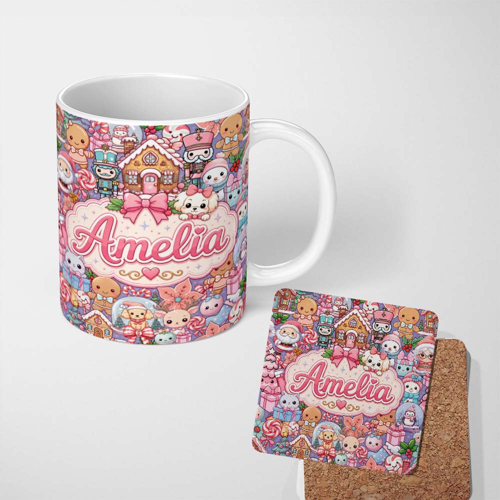 Personalized Custom Name Cute Christmas Gingerbread Candy Cool Blue Background Seamless 11oz Ceramic Coffee Tea Mug White Large Handle