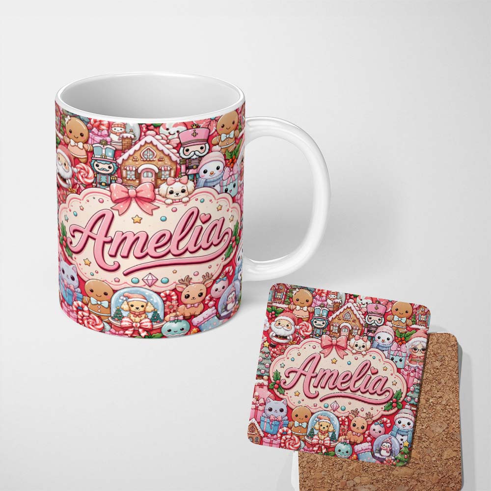 Personalized Custom Name Cute Christmas Gingerbread Candy Bright Red Background Seamless 11oz Ceramic Coffee Tea Mug White Large Handle