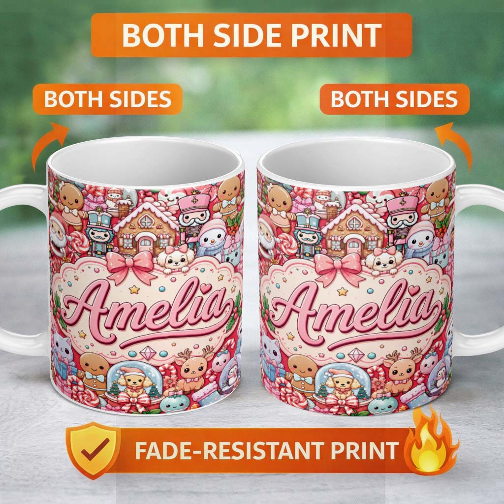 Personalized Custom Name Cute Christmas Gingerbread Candy Bright Red Background Seamless 11oz Ceramic Coffee Tea Mug White Large Handle
