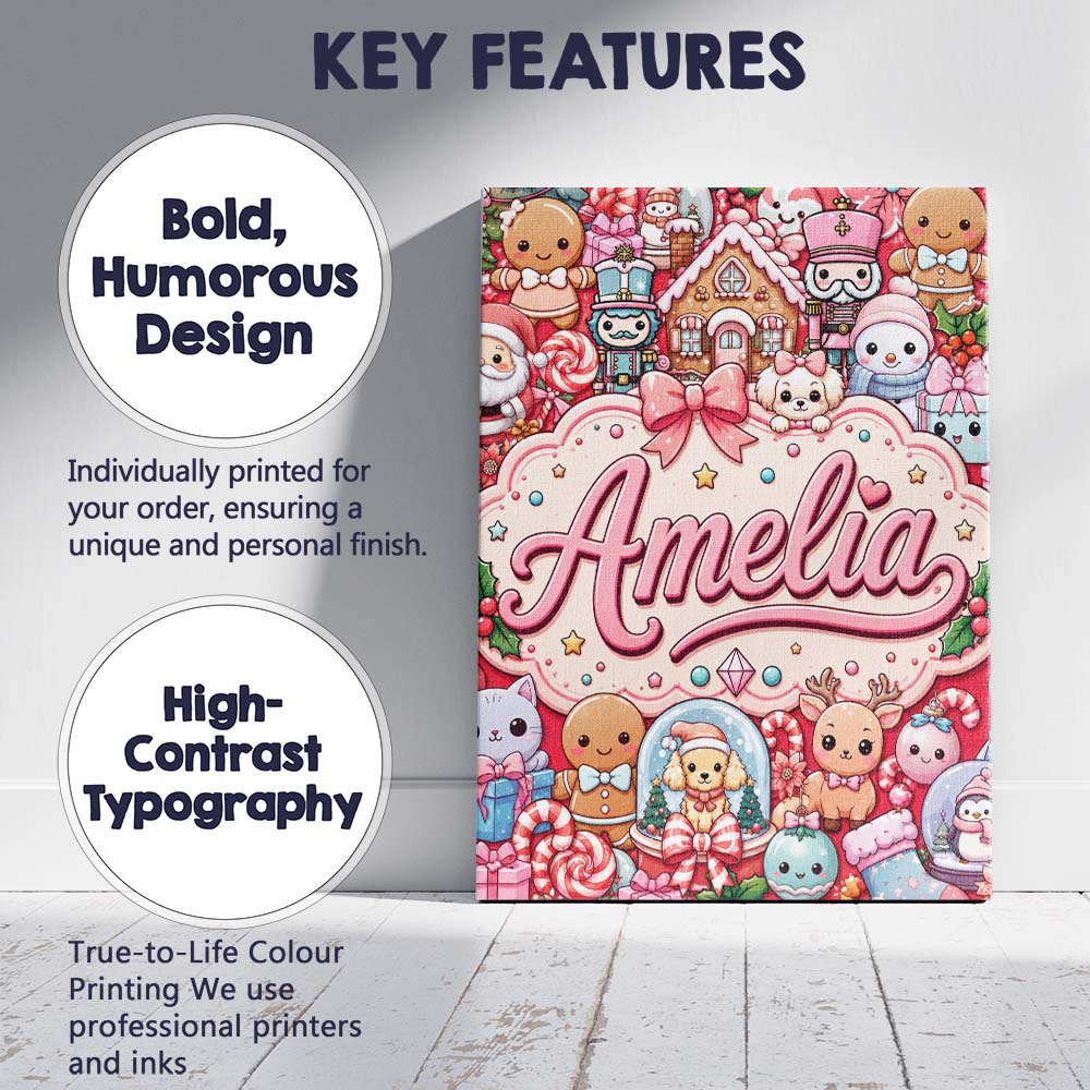 Personalised Name Cute Christmas Gingerbread Custom Bespoke Contemporary Display Canvas Wall Art Print Decor Picture Ready to Hang