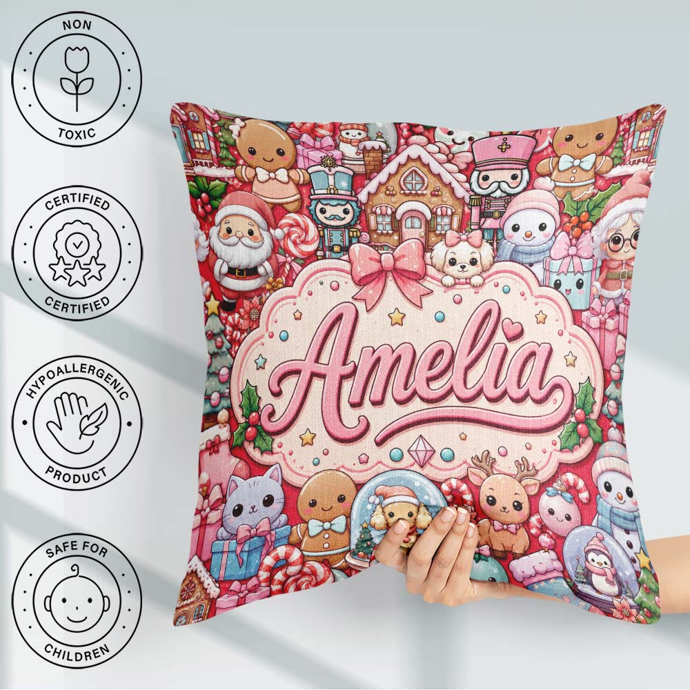 Custom Name Cute Christmas Gingerbread Candy Bright Red Seamless Square Filled Cushion Throw Pillow Sofa Bed Home Decor Zip Washable UK Made