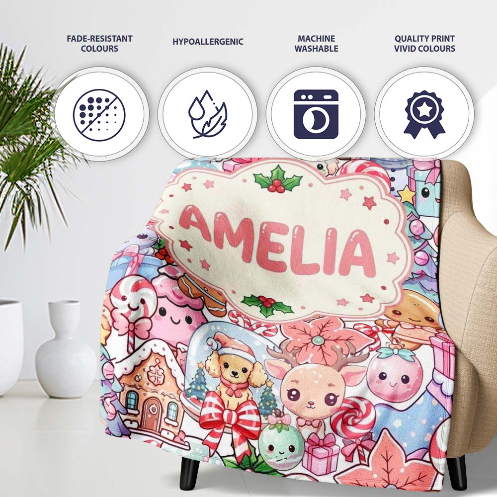 Cute Christmas Gingerbread Candy Pastel Cream Background Seamless Personalised Custom Name Super Soft Fleece Blanket Bed Sofa Throw