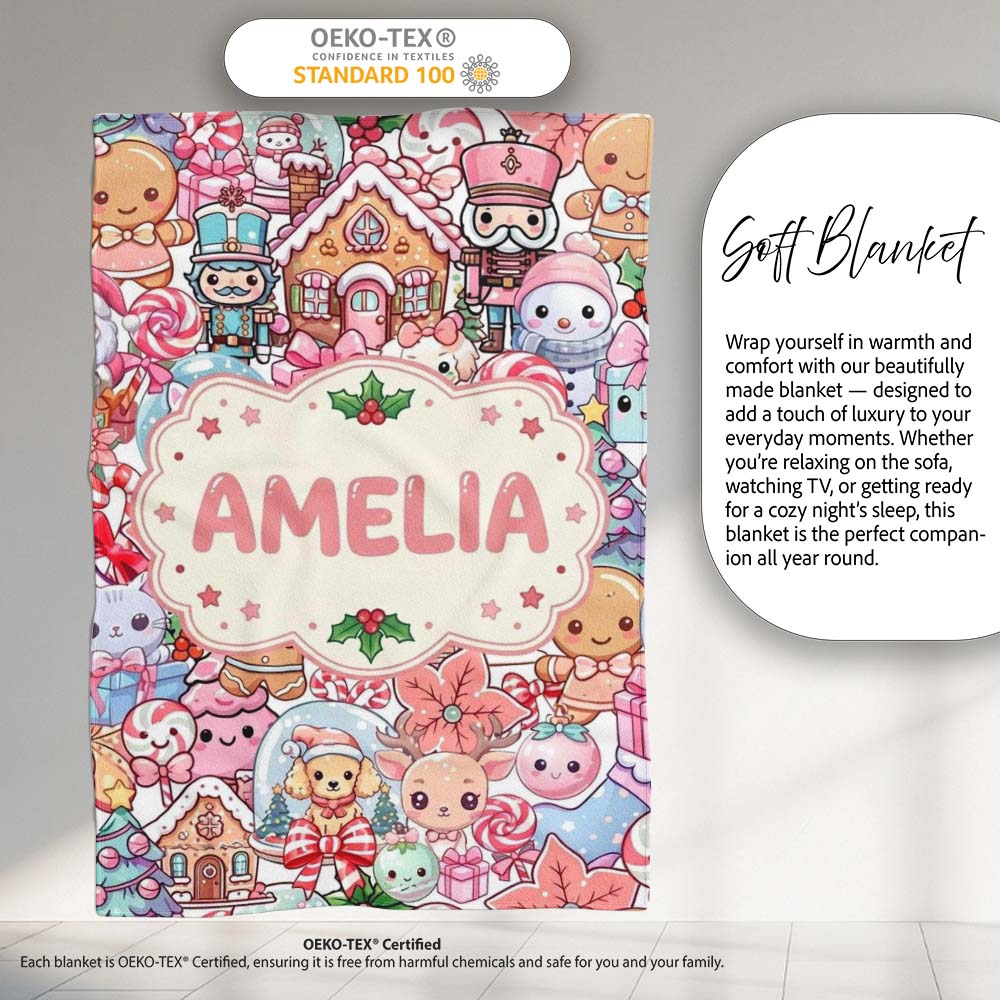 Cute Christmas Gingerbread Candy Pastel Cream Background Seamless Personalised Custom Name Super Soft Fleece Blanket Bed Sofa Throw