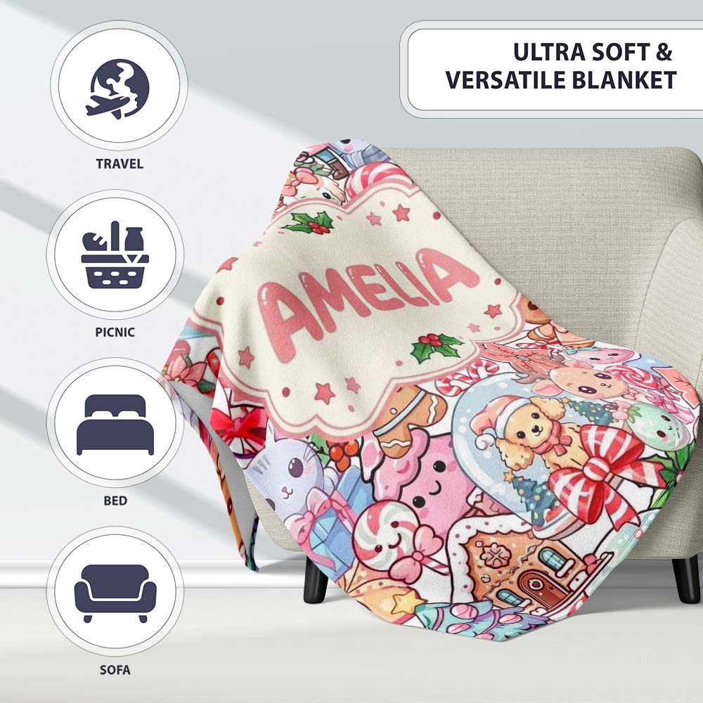 Cute Christmas Gingerbread Candy Pastel Cream Background Seamless Personalised Custom Name Super Soft Fleece Blanket Bed Sofa Throw